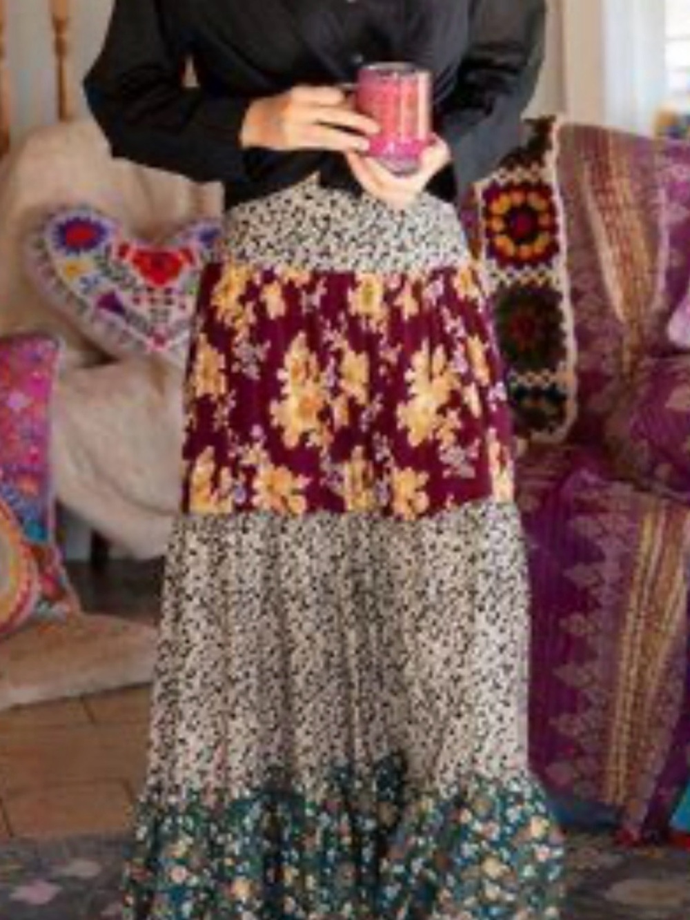 NATURAL LIFE Burgundy Floral Tiered Maxi Skirt with Yellow and Green Accents